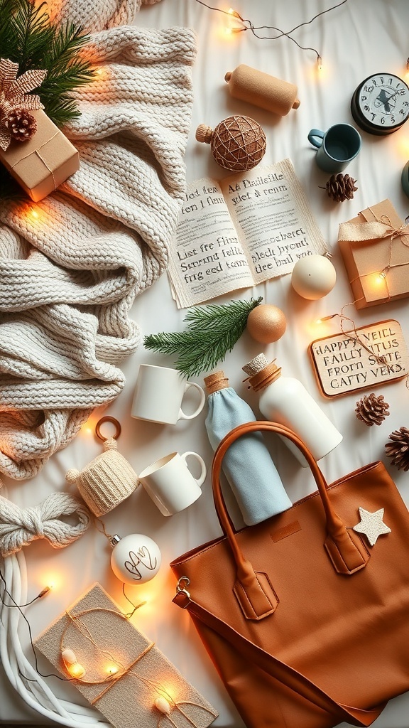 Aesthetic Christmas gift ideas displayed in a flat lay with blankets, mugs, and decorations.